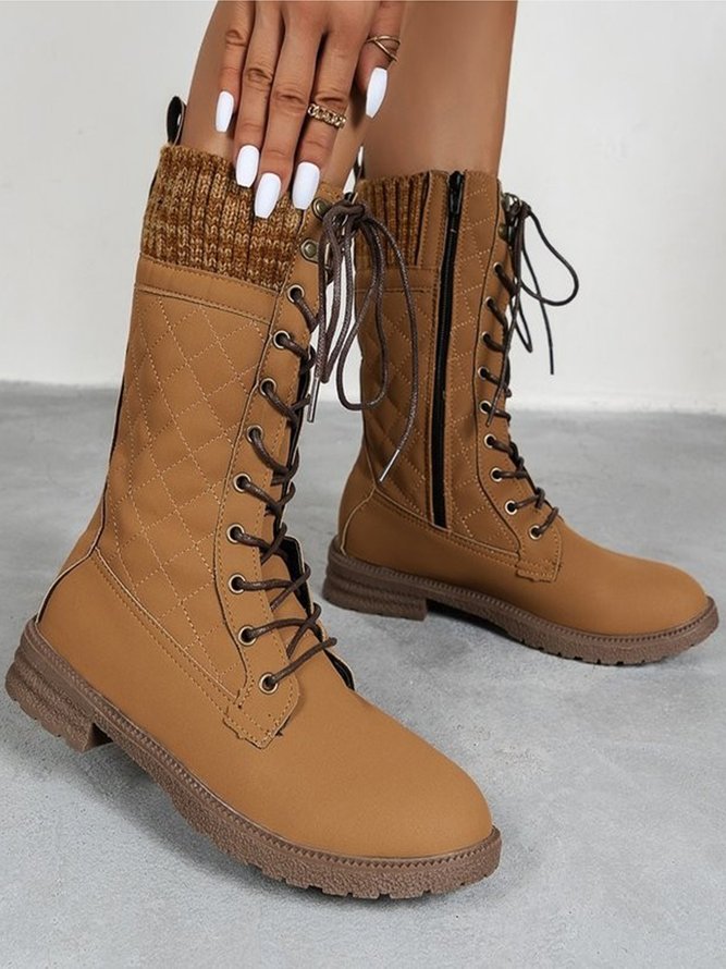 Knit Panel Lace-Up Zip Round Toe Chunky Heel Boots