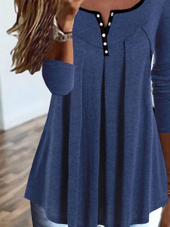 Casual Plain Pleated Contrast Color-block Long-sleeve Jersey Loose Top