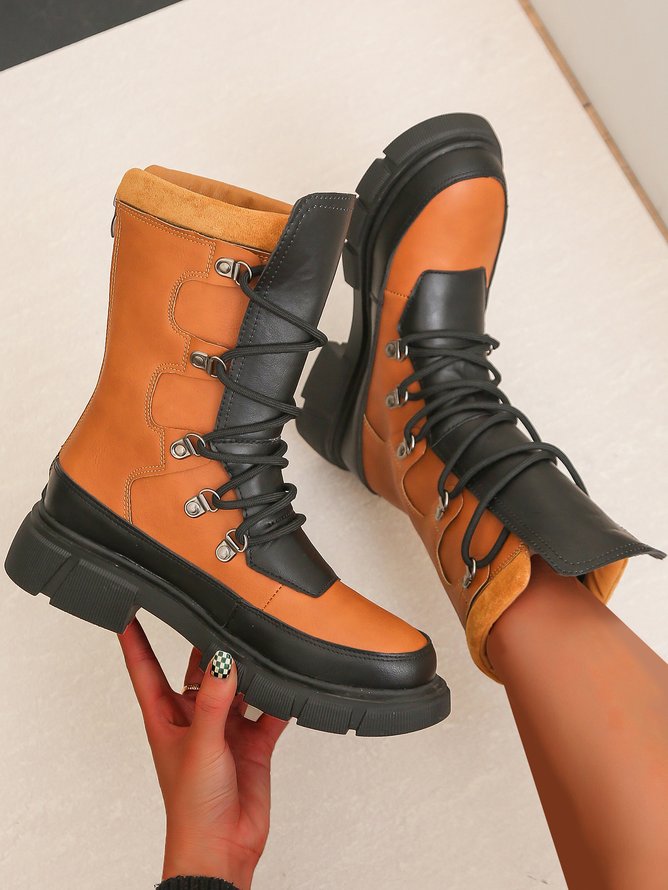 Vintage Contrast Lace-Up Tall Chunky Heel Outdoor Boots
