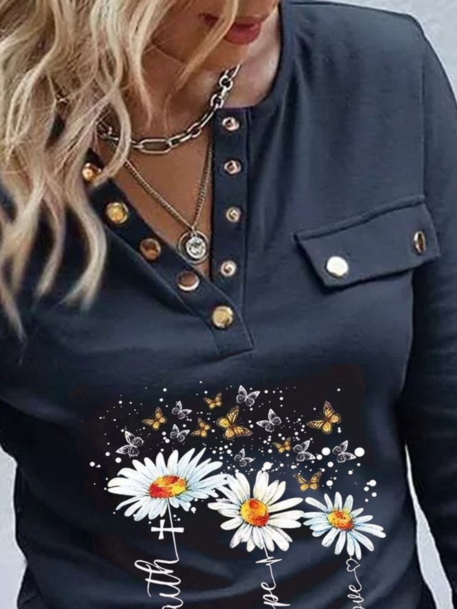 Daisy Long Sleeve Buttoned Casual T-Shirt