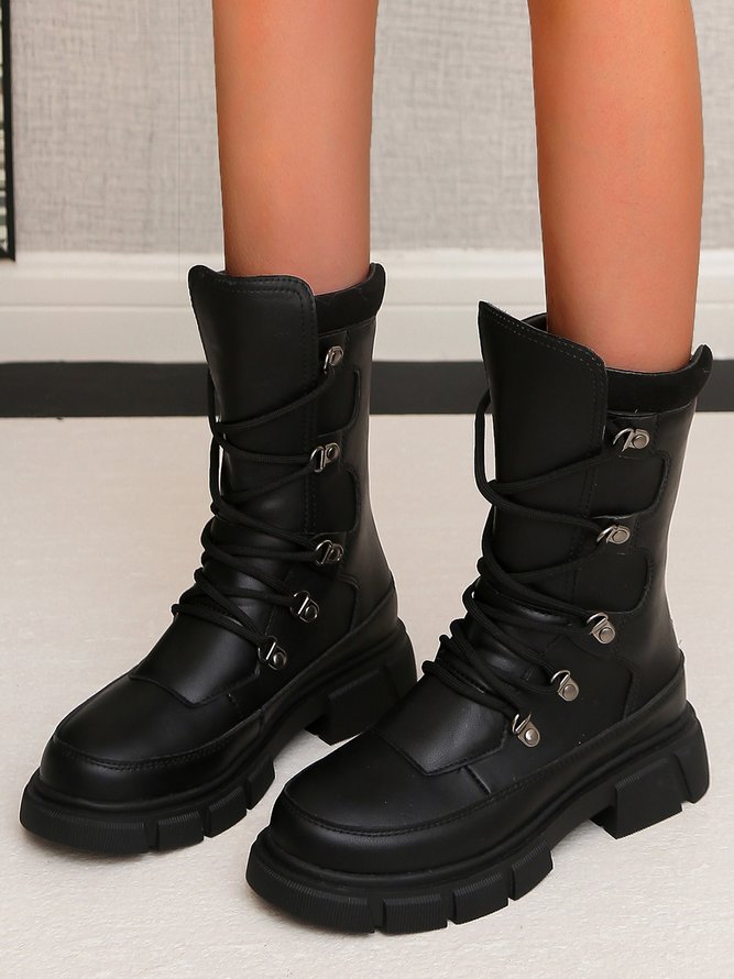 Vintage Contrast Lace-Up Tall Chunky Heel Outdoor Boots