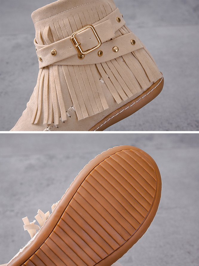 Vintage Fringe Studded Flat Round Toe Buckle Booties
