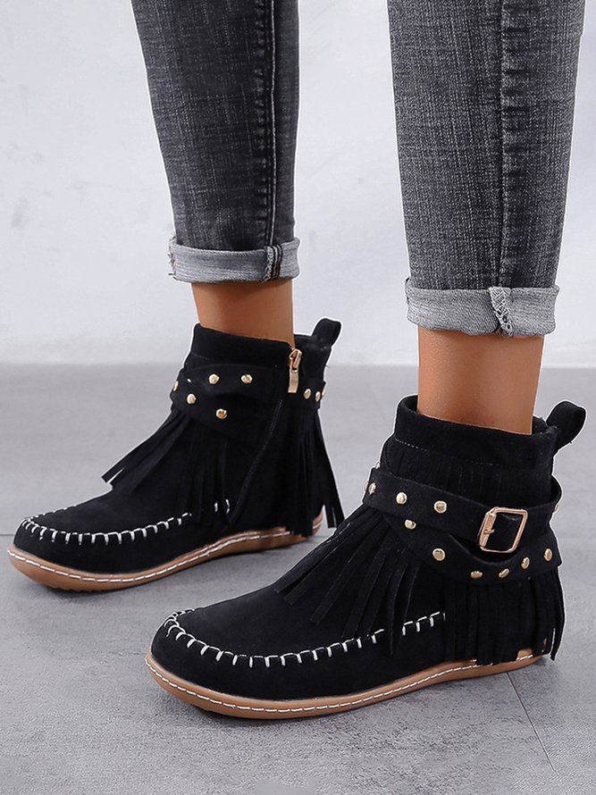Vintage Fringe Studded Flat Round Toe Buckle Booties