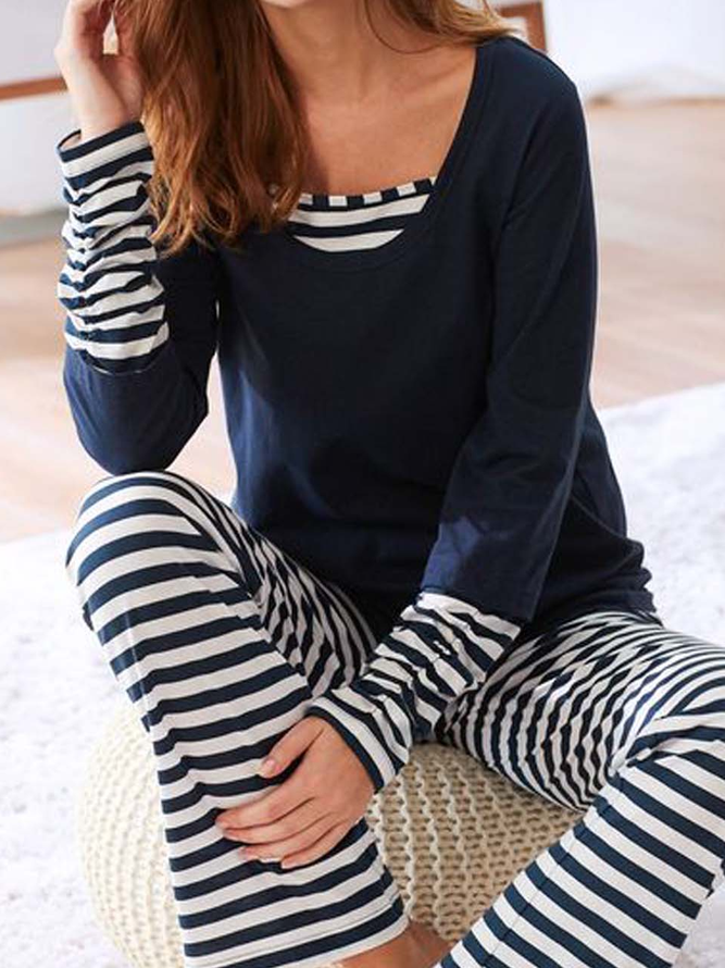 Jersey Striped Crew Neck Two Piece Sets