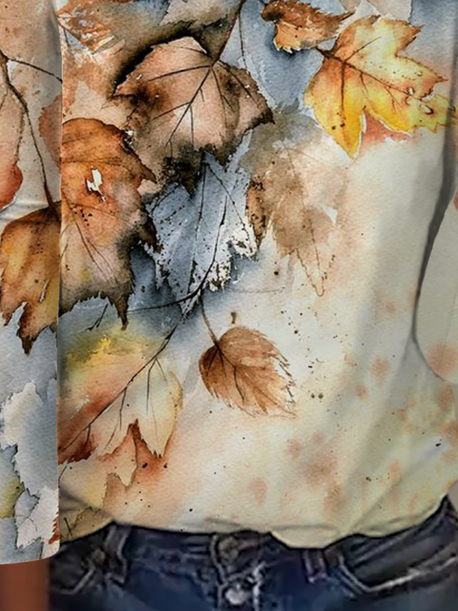 Leaf Printed Long Sleeve Casual T-Shirt