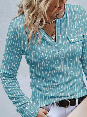 Casual Geometric Printed Loose Jersey V-neck Long Sleeve Top