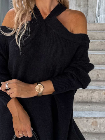 Wool/Knitting Casual Plain Cold Shoulder Loose Sweater