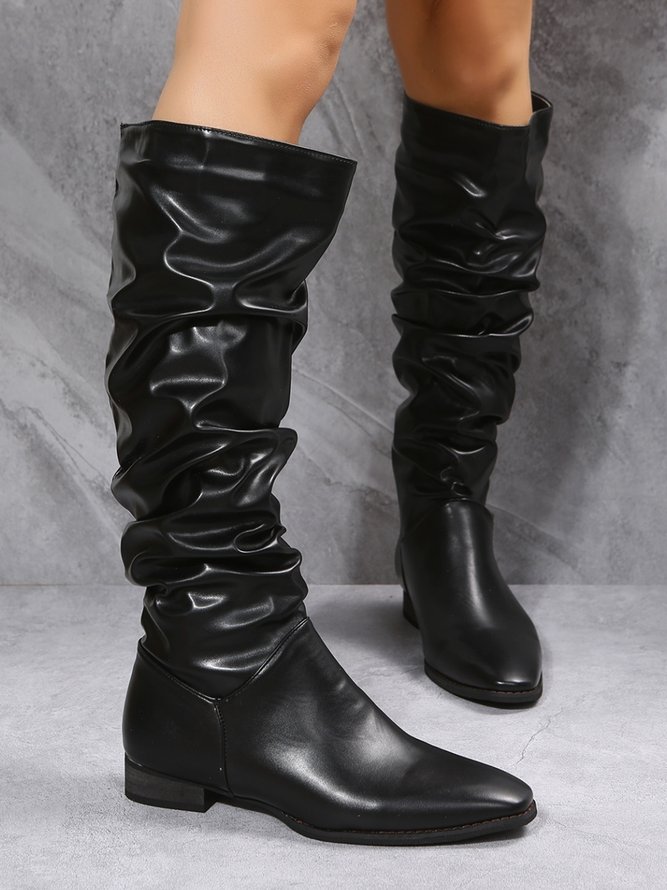 Black and White Solid Pleated Tall Boots