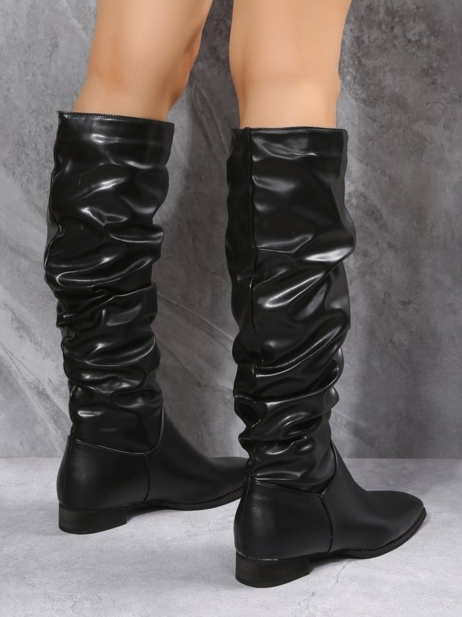 Black and White Solid Pleated Tall Boots