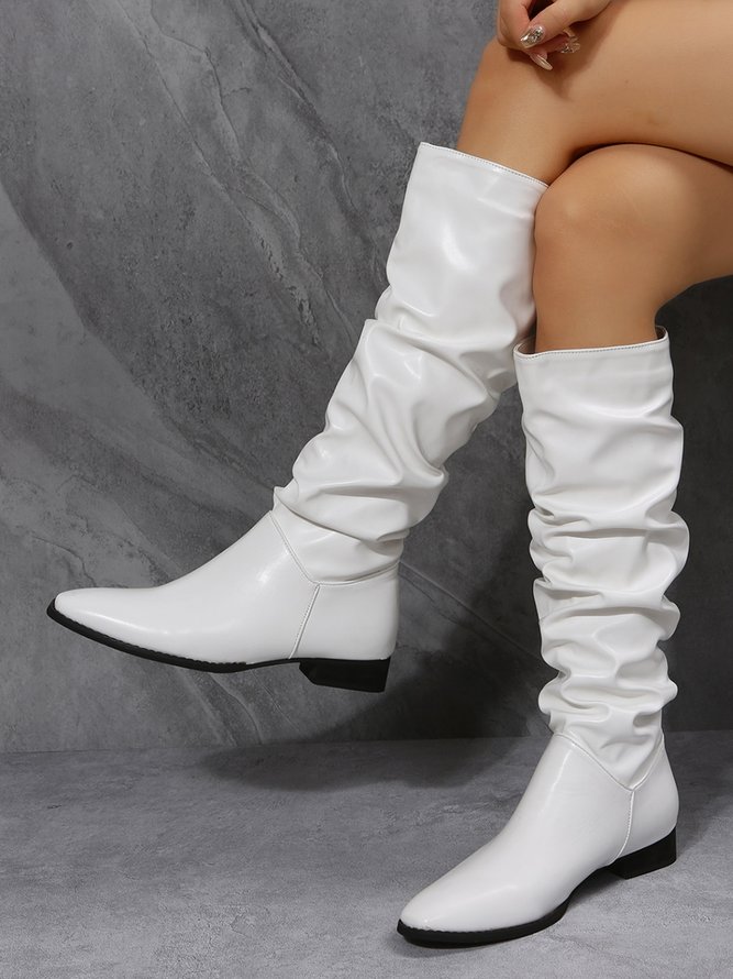Black and White Solid Pleated Tall Boots