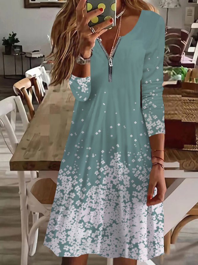 Casual Floral Long Sleeve V Neck Printed Dress