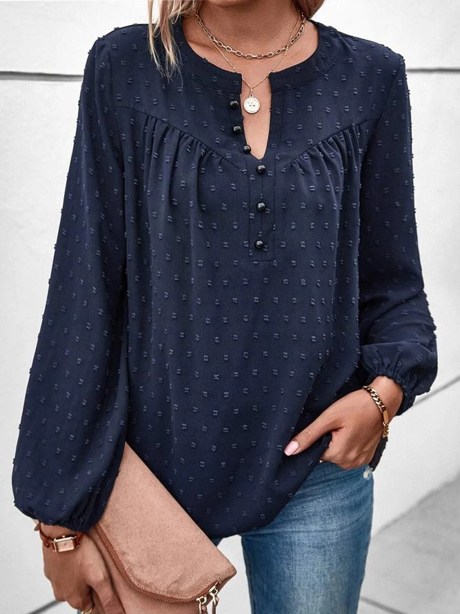 Plain Guipure Long Sleeves Buttoned Notched Plus Size Casual Tops