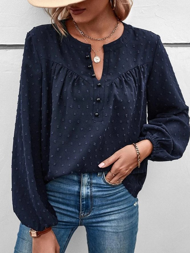 Plain Guipure Long Sleeves Buttoned Notched Plus Size Casual Tops