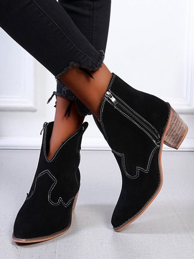 Stylish Patchwork Chunky Heel Pointed Toe Zip Booties