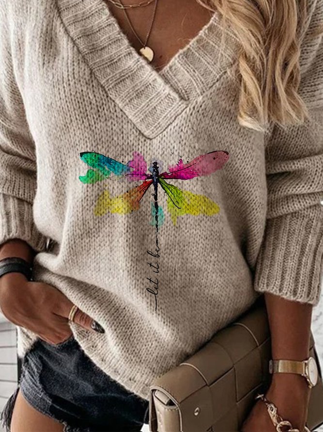 Dragonfly Long Sleeve V Neck Plus Size Casual Sweater