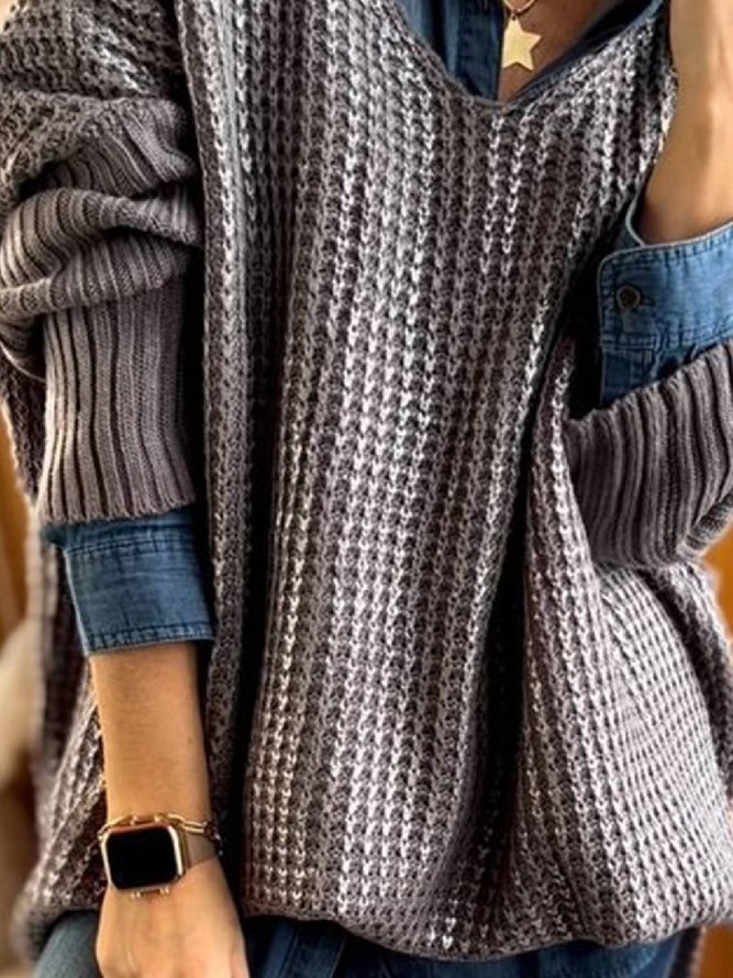 Casual Plain V neck Long sleeve Loose Sweater