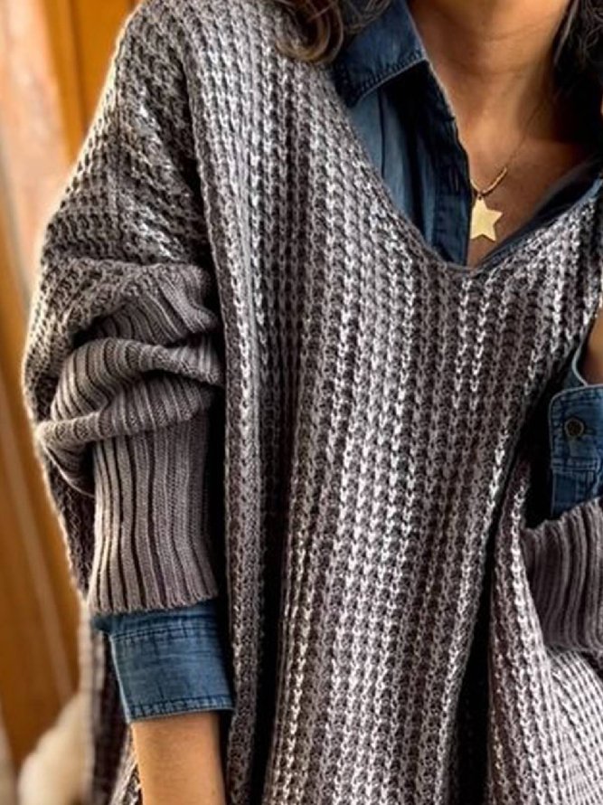 Casual Plain V neck Long sleeve Loose Sweater