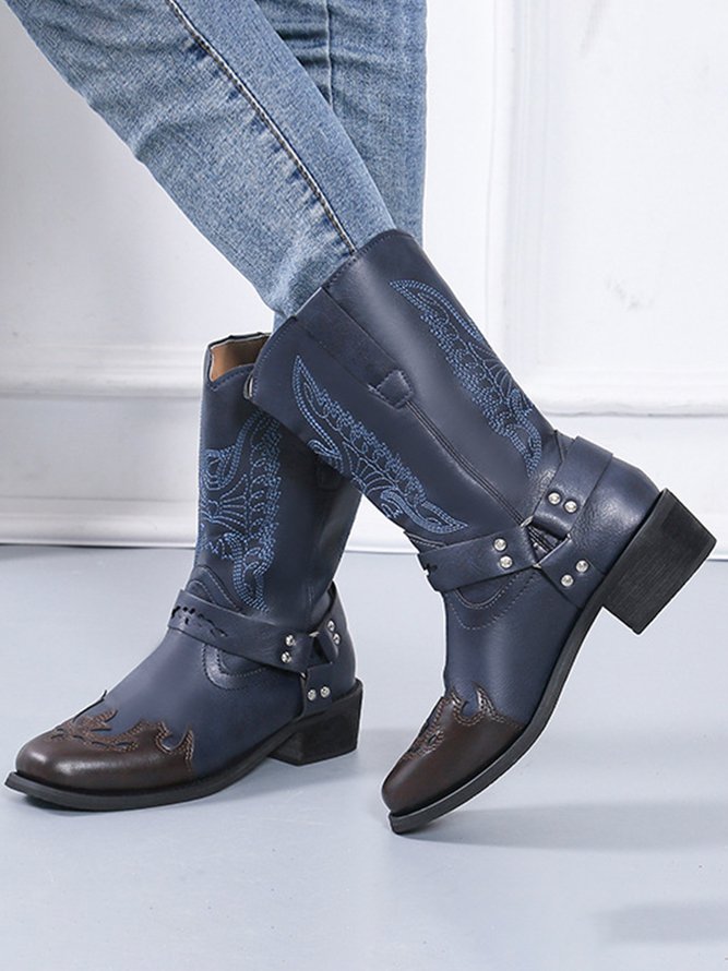 Vintage Pointed Toe Boots Sleeve Embroidered Low Heel Mid Boots Rider Boots