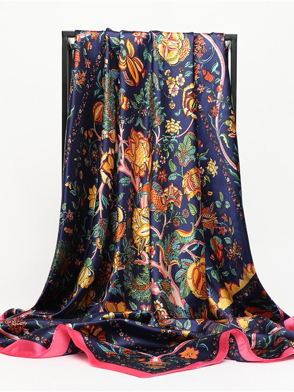 Silk Floral Botanical Pattern Square Autumn Winter Warm Scarf