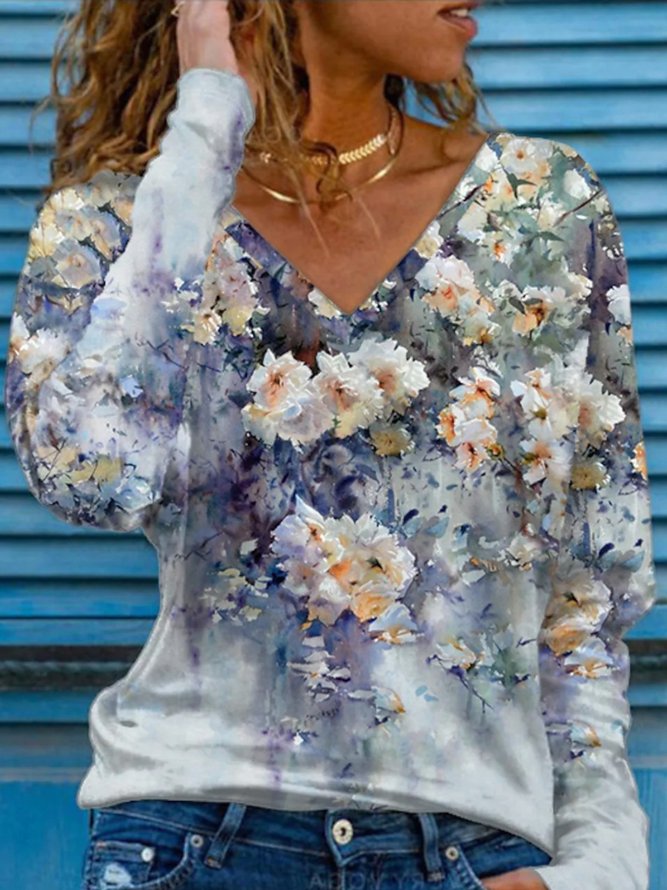 Casual Floral Long Sleeve V Neck Printed Top T-shirt