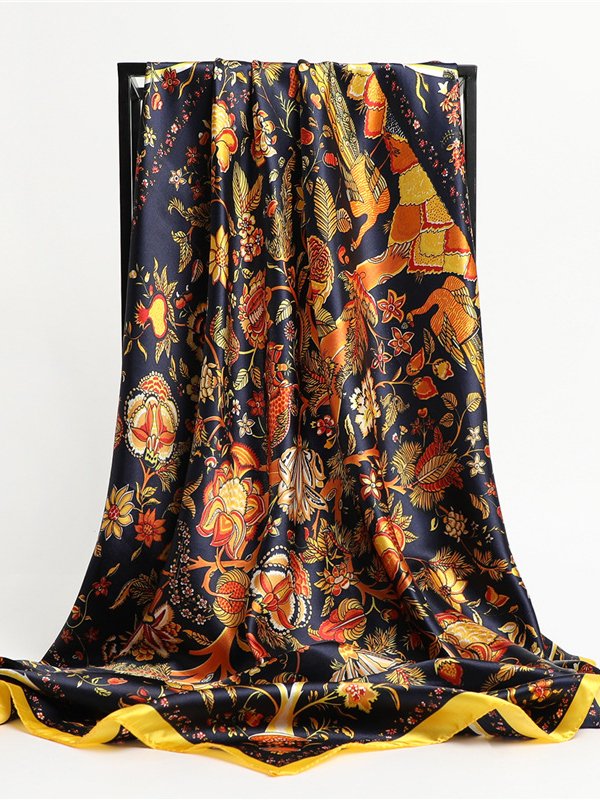 Silk Floral Botanical Pattern Square Autumn Winter Warm Scarf