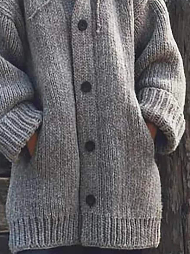 Plain Wool/Knitting Casual Loose Hoodie H-Line Sweater Mid-long Coat