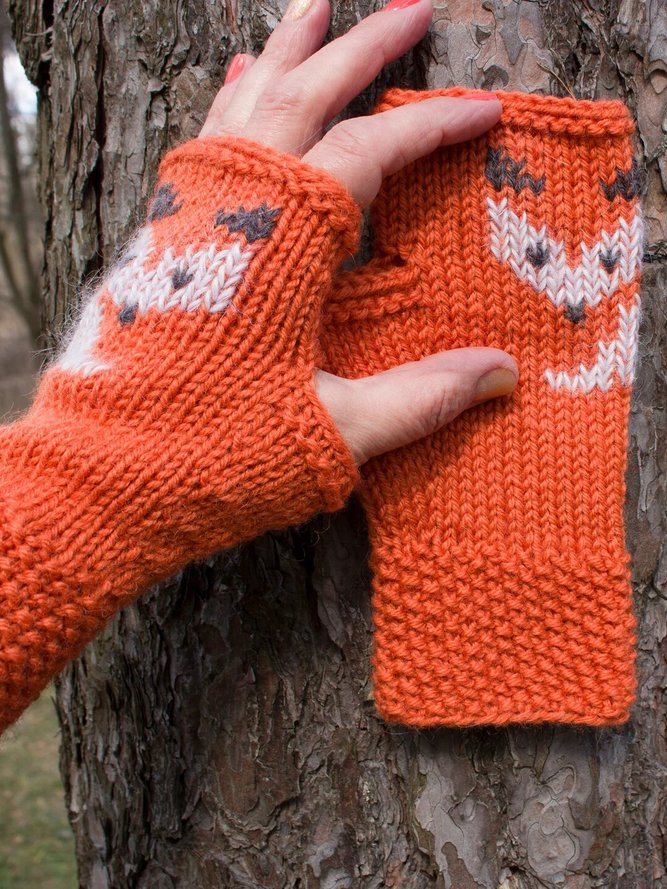 Fox Pattern Knitted Half Finger Gloves Animal Wrist Cover Party Holiday Christmas Decorations