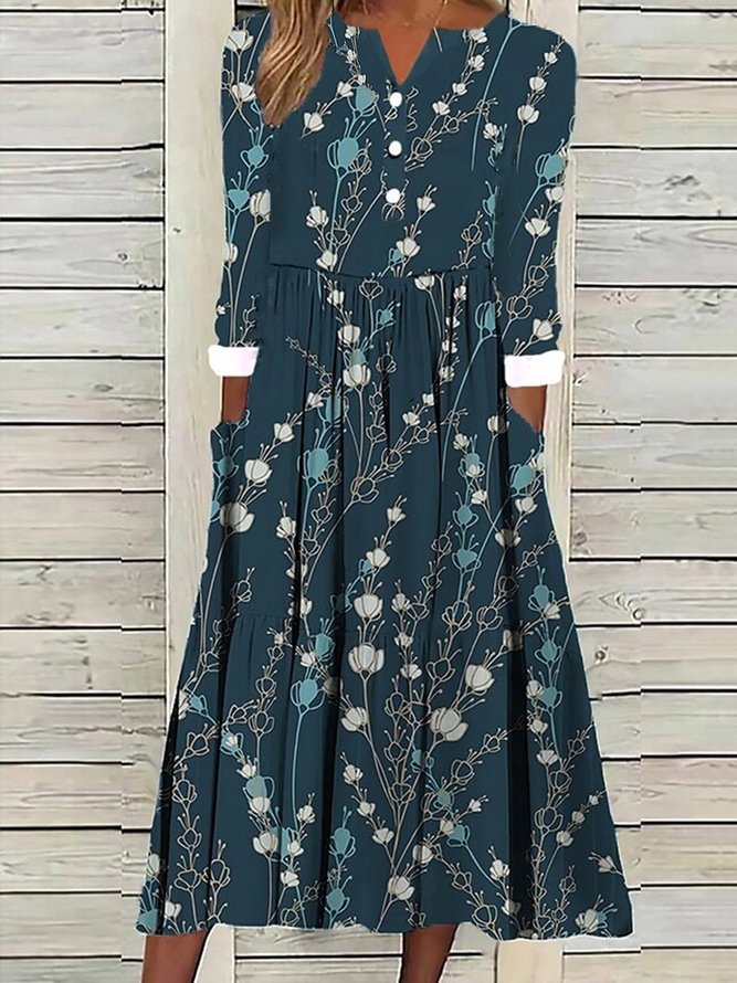 Floral Casual Loose Long Sleeve A-Line Dresses
