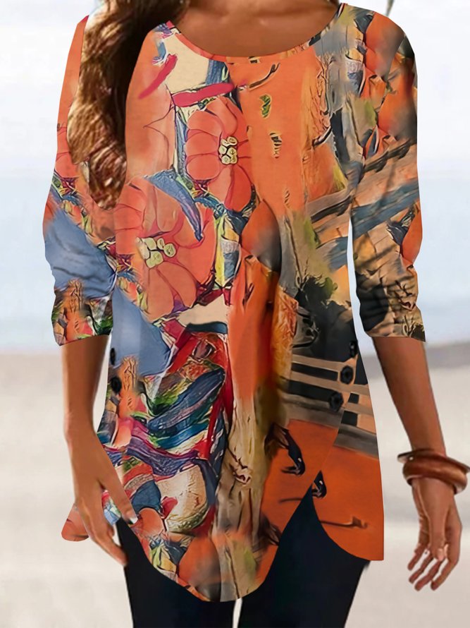 Casual Halloween Abstract Long Sleeve Crew Neck Printed Top TUNIC