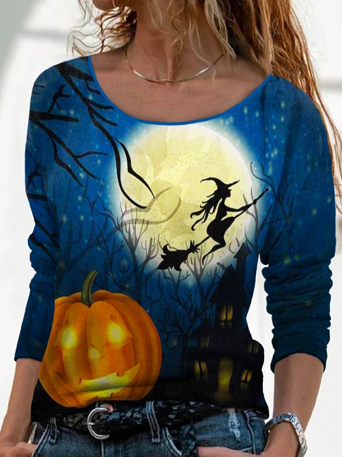 Halloween Pumpkin Long Sleeve Crew Neck Casual T-shirt