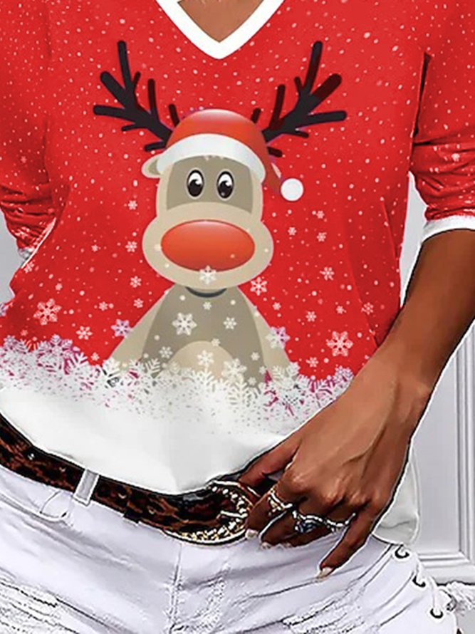 Christmas Casual V Neck Long Sleeve Loose T-Shirt Xmas T-shirt