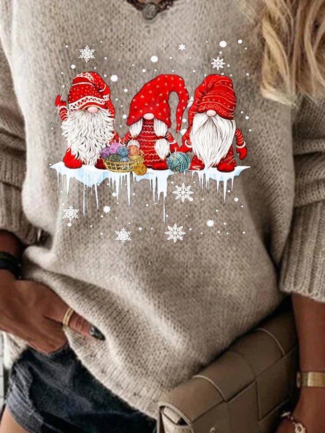 Christmas Santa Claus Long Sleeve Lace V Neck Plus Size Casual Sweater