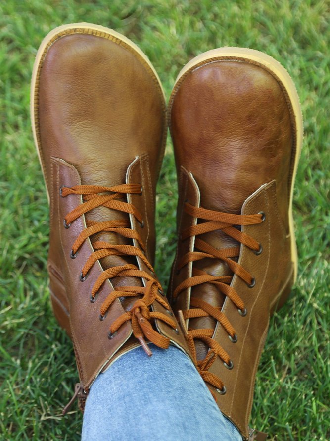 Leather Simple Casual Lace-Up Zip Booties