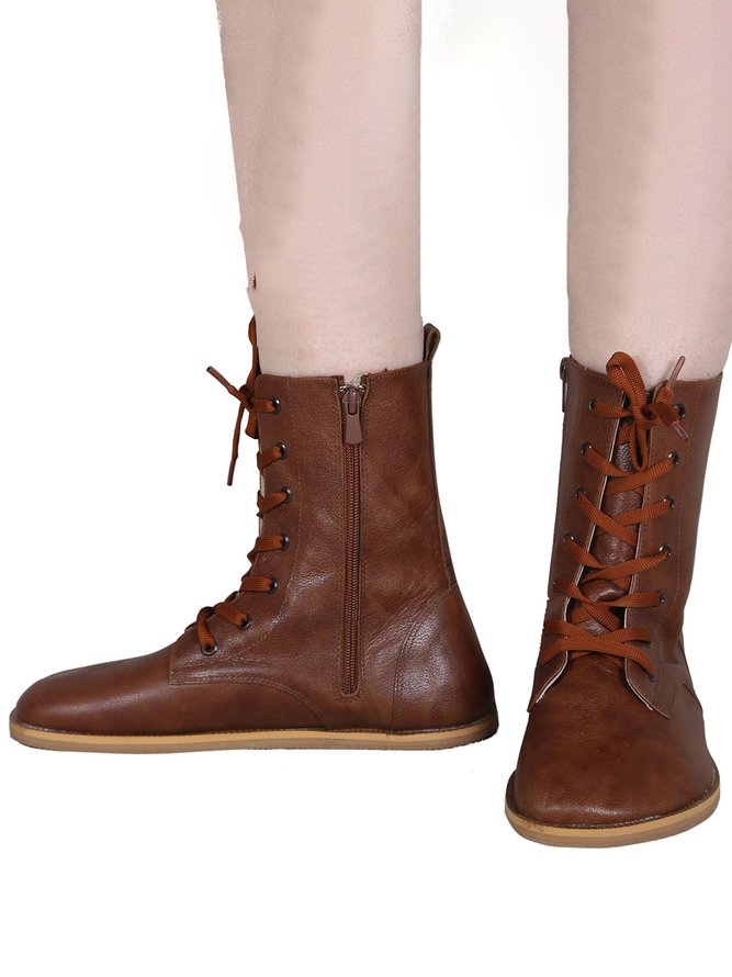 Leather Simple Casual Lace-Up Zip Booties