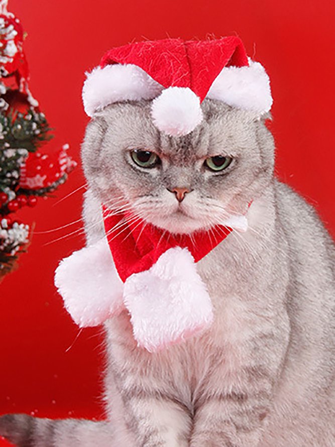 Christmas Pet Cat Red Scarf Hat Set Festive Party Pet Decoration