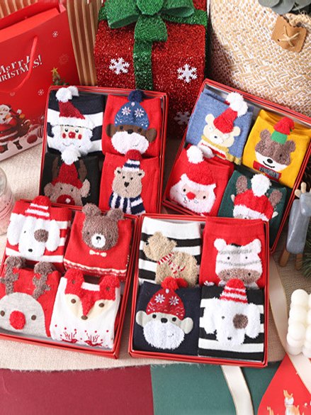 Christmas Elk Old Man Christmas Tree Bear Pattern Plush Socks Socks Set Holiday Party Decorations