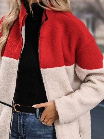 Fluff/Granular Fleece Fabric Color Block Casual Plus Size Teddy Jacket