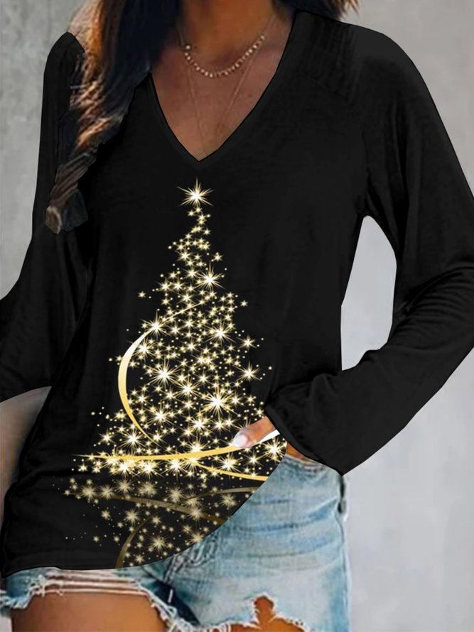 Casual Christmas Trees Long Sleeve V Neck Printed Top T-shirt TUNIC Xmas T-shirt