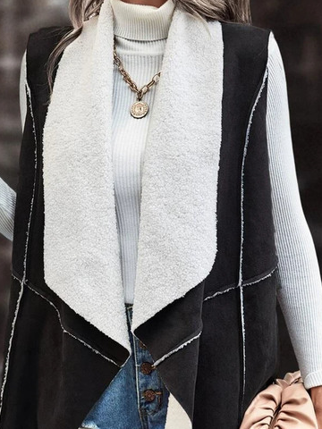 Shawl Collar Color Block Fluff/Granular Fleece Fabric Plain Vest