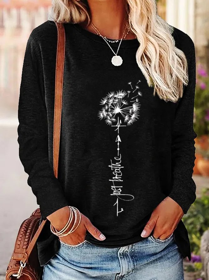 Casual Dandelion Long Sleeve Crew Neck Printed Tops T-shirts
