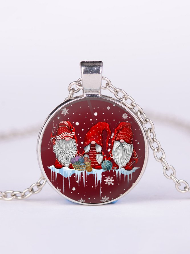 Christmas Vintage Red Elf Pattern Time Stone Necklace Holiday Party Favor Xmas Necklace