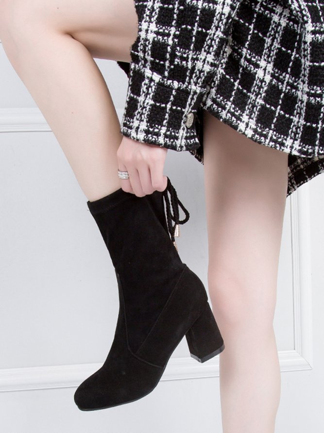 Women's Plain Drawstring Chunky Heel Sock Boots