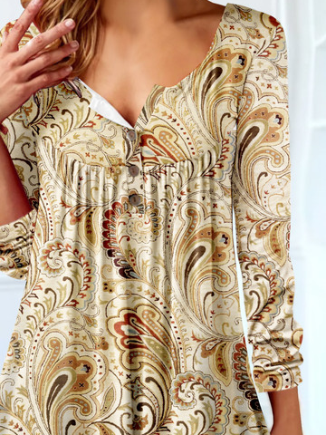 Notched Casual Ethnic Printed Button T-Shirt