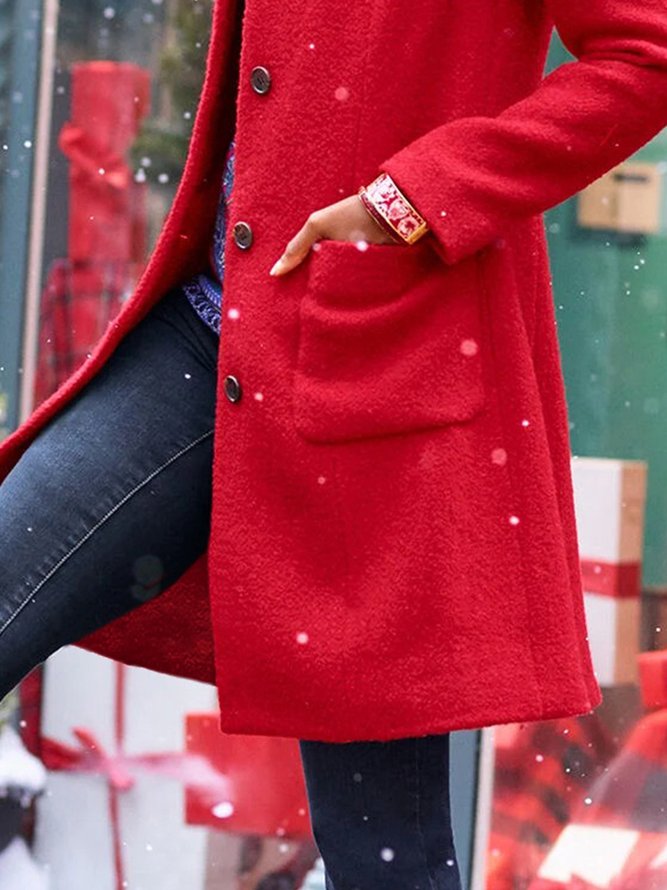 Christmas Red Plain Long Sleeve Buttoned Casual Woolen Coat Xmas Coat