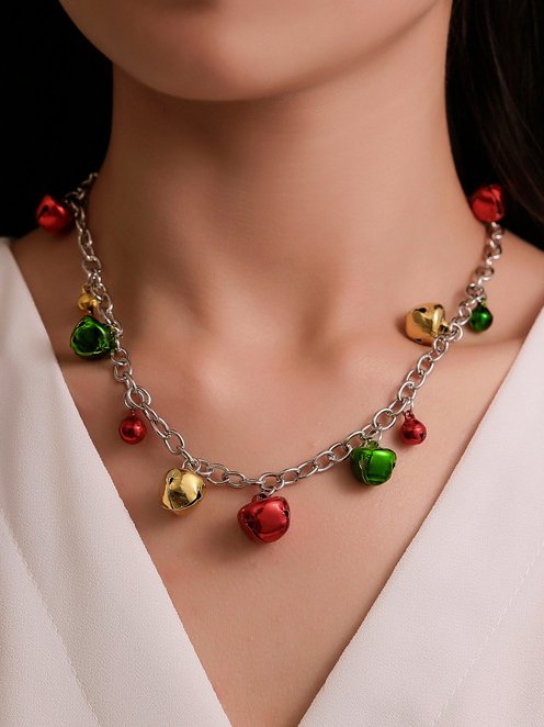 Christmas Red Green Chain Bell Pattern Necklace Christmas Party Jewelry Xmas Necklace