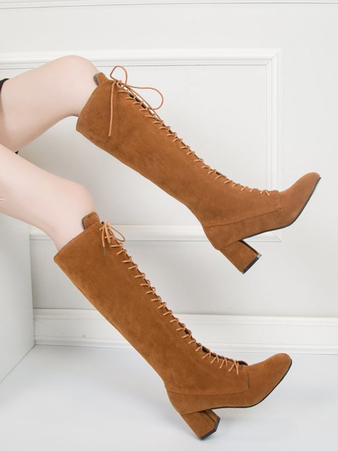 Faux Leather Block Heel Knee Boots