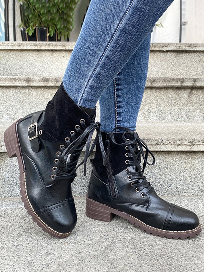 Retro Stitching Lace-up Zipper Boots