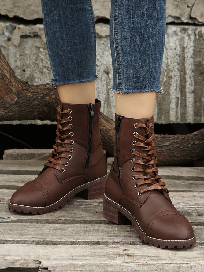 Retro Stitching Lace-up Zipper Boots