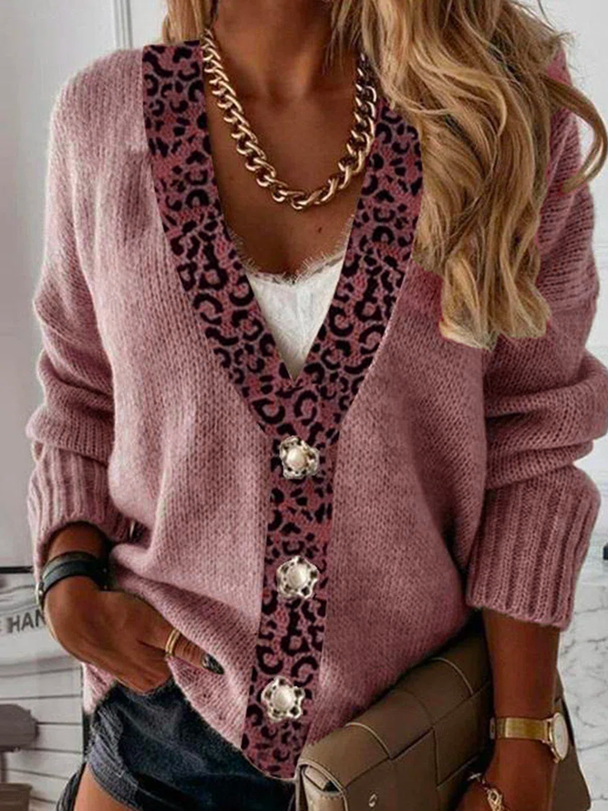 Zolucky Women Casual Champagne Leopard V Neck Casual Caridigans