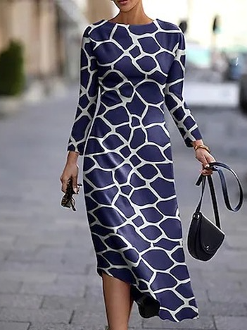 Casual Long sleeve Crew Neck Abstract Midi Dresses